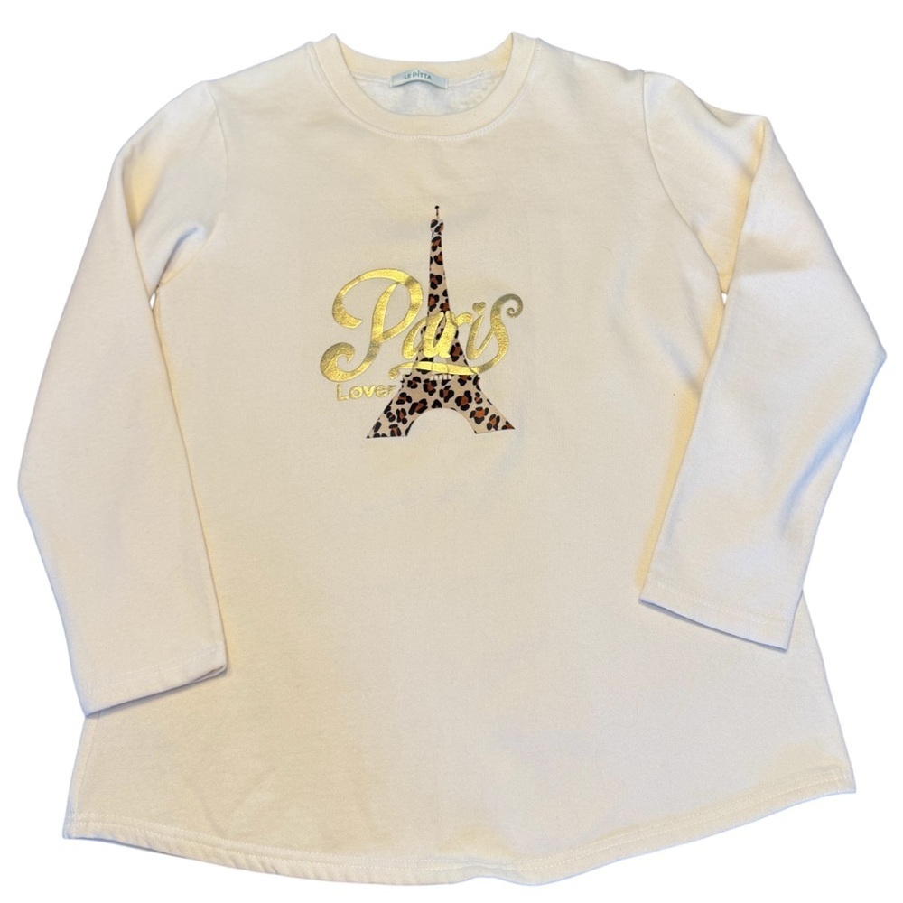 Le Pitta Women’s Cream Paris Lover Sweatshirt  Animal Print Metallic Gold Sz M